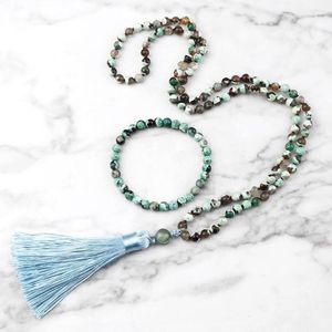 Pendant Necklaces Green Agates 108 Mala Beads Necklace Fashion Natural Stone Beaded Bracelets Handmade Knotted Set Tassel Yoga Jewelry