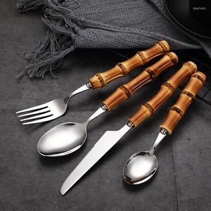 Dinnerware Sets Set Bamboo Handle Cutlery Stainless Steel Knife Fork Spoon Tableware Cutleries Drop With Steak Knives