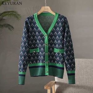 Women's Knits Tees 2022 Autumn Winter Sweater Cardigans Women Single Breasted Long Sleeve Vintage Argyle Casual Loose Green Knitted Outwear Tops T221012
