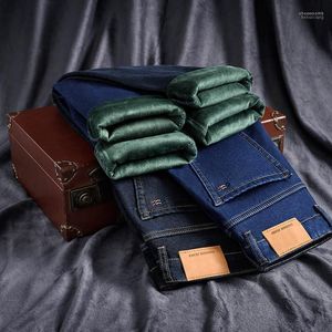 M￤ns jeans m￤n 2022 vinter tjocka gr￶na fleece varm klassisk stil aff￤rsverkan passar elasticitet denim byxor man