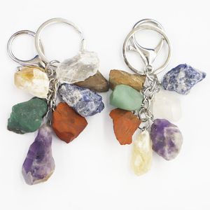 Natural Gravel Stone Set 7 Chakra Key Ring Lobster Clasp Multicolor Yoga Pray Healing Fashion Car Keychain Pendant Jewelry