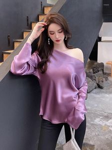 Women's Blouses Women 2022 Spring Real Shooting Acetate Diagonal Neck Long Sleeves Loose Off Shoulders To Be Thin Blouse Tops Female D0949