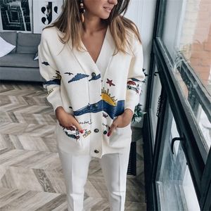 Womens Knits Tees Autumn White Cotton Knitted Cardigan Sweater Women Coat Print Vneck Pockets Female Jumpers Casaul Buttons Women Tops 221012