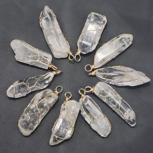 Natural White Crystal Stone Irregular Pendant Necklace Clear Quartz Gold Wire Winding DIY Jewelry Accessories Wholesale