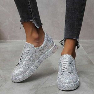 Elbise Ayakkabı 2020 Kadın Dantel Up Sneakers Glitter Sonbahar Düz Vulkanize Bayanlar Bling Casual Kadın Moda Platformu Moda Düz Ayakkabı T221012