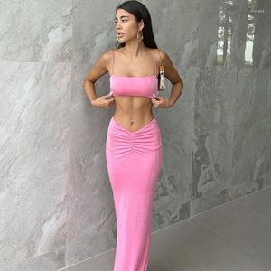 Arbetsklänningar grimma korsettrörets toppgrödor midi kjol dräkter bodycon sexig fest elegant klubbkläder sommar kvinnor rosa 2 stycken set