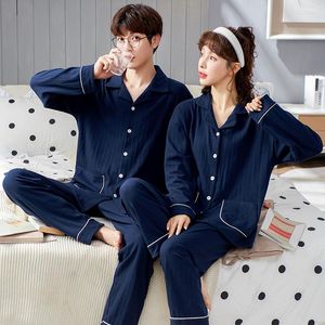 Men's Sleepwear 2022 Autumn Couple Pajamas Set Full Cotton Loose Pyjamas Women Men Long Sleeve Homewear Lovers Nightgowns Solid Color Pajama