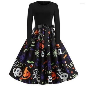 Casual Dresses Printed Skull Pumpkin Halloween Dress Ladies Cosplay Long Sleeve With Bow Tie Belt Costume Vintage