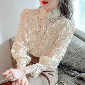 Camicetta di pizzo alla moda Camicia bianca da donna Manica a sbuffo primaverile Camicette eleganti con colletto alla coreana sottile