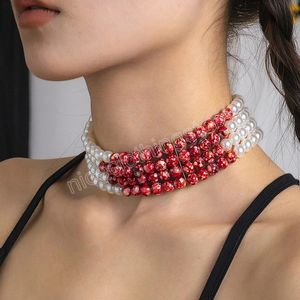 Rote Imitationsperle Schlüsselbein-Halskette für Damen, Hochzeit, Brautmode, Statement-Halsband, Halloween-Schmuck, Geschenk