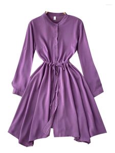 Casual Dresses Foamlina Women Shirt Dress Solid Color O-Neck L￥ng￤rmning Single Breasted Drawstring Sash Lace-Up A-Line Short Robe