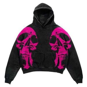 Herrtröjor tröjor nya Y2K Harajuku Street American Retro Print Skull Loose Hooded Tröja Autumn Shirt Trend Par Jaet Ins Wind G221011