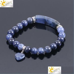 Beaded Strands Natural Stone Sodalite Bracelets For Women Men Love Heart Blue White Dot Beads Stretch Healing Buddhist Prayer Bangl Dhqva