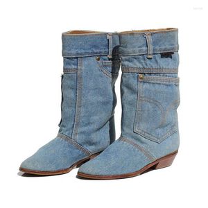 Boots Fashion Winter Women Low Heels Casual Ladies Mid Calf Jeans Leather Pointed Toe Cowboy Plus Size