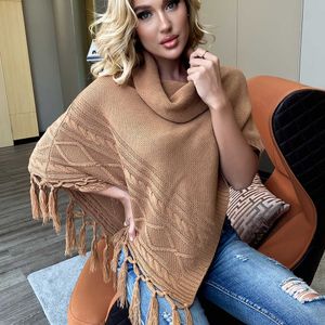 Women's Knits Tees Cashmere Warm Cape Ponchos Irregular Turtleneck Tassel Sweaters Capes Knitted Cape Coat Ladies Casual Pullover Crochet Sweater T221012