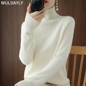 Wuldayly suéter feminino de gola alta cashmere suéter feminino inverno malha pulôver feminino de manga comprida grosso solto