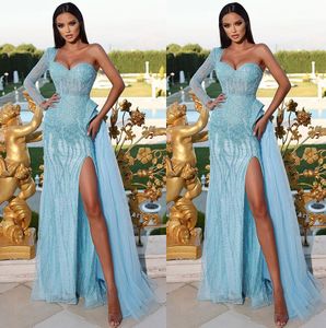 Vintage Light Blue Mermaid Prom Dresses One Shoulder Sweetheart Party Dresses Side Split Lace Sequins Custom Made Evening Dress