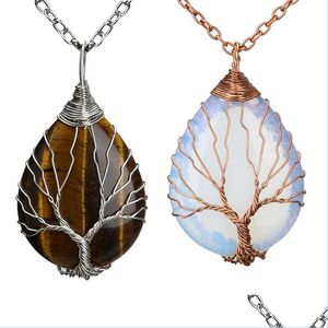 Anhänger Halsketten Natürliche Quarz Opal Stein Anhänger Handgemachte Rose Gold Farbe Baum des Lebens Eingewickelt Tropfenförmige Kristall Anhänger Neckl Dhzzp