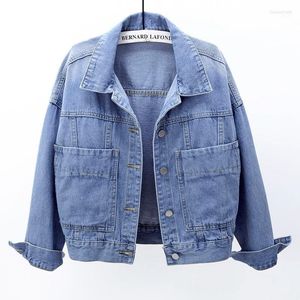 Kvinnors jackor kvinnors koreanska vintage denim jacka kappa kvinnor vår höst lös kort blå jeans kvinnlig stor ficka ytterkläder