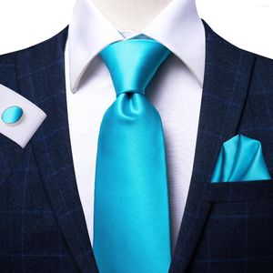 Bow Ties Hi-Tie Blue Turquoise Solid Box Gifts for Men's Tie Luxury Men Hanky ​​Cufflinks Set Silk Slips Formella klänningar Business