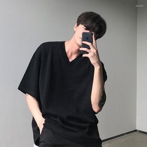 Erkek Tişörtler Erkekler Yaz Siyah Gömlek Kore tarzı Kısa Kol V Boyun Top Gevşek Tee Çift Tişört Beden Boy Boysu Pamuk Tshirt Erkek