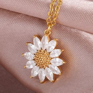 Stainless Steel Sunflower Pendant Necklace 18K Real Gold Plated Bling Zircon Classic Jewelry