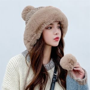 Beanieskull Caps Moda Pompopom Pompom espessa chapéus para mulheres meninas inverno quente com suffos de ouvidos à prova de vento macio 221013