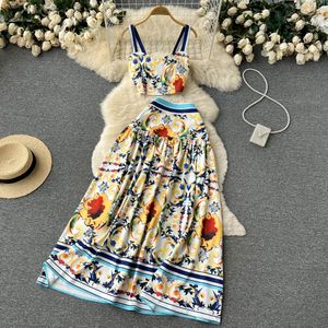 Euramerican ins holiday print dress suit fashionable suspender vest wear high waist mid length skirt two-piece