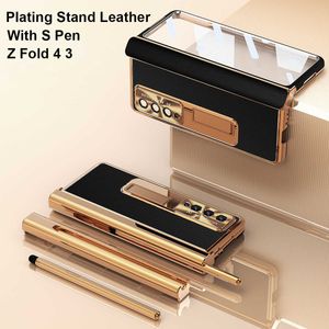 Cell Phone Cases With S Pen Plating Leather Case For Samsung Galaxy Z Fold 4 3 5G Magnetic Kickstand Carbon Fibe Screen Protector Cover W221014