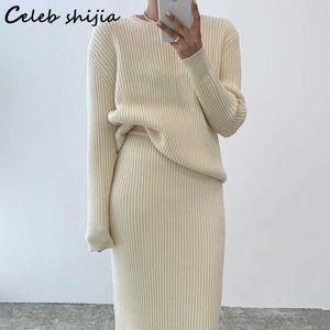 Women's Two Piece Pants 2022 Winter Knit 2 Piece Sets Women O-neck Sweater High Waist Skirts Autumn Oversized Vintage Runway Woolen Set Female Korean T221012