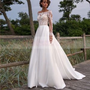 Wedding Dress Tulle Full Sleeve Boat-Neck Dresses Applique Off-The-Shoulder Lace Button Illusion Back Court Robe De Mairee Customize