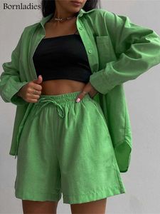 Kadınlar İki Parçalı Pantolon Bornladies Şık Pamuklu Günlük Kadın İki Parça Kısa Setler Yaz Yüksek Bel Yeşil Gömlek Takım Seti Moda 2 Parçası Setler 2022 T221012