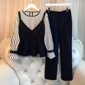 Women's Two Piece Pants Spring Autumn Korean Women Tracksuit Female Striped Patchwork Tops Pants Two Piece Set Lady 4XL Suit Clothes F192 T221012