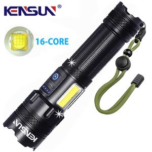 Flashlights facklor Kensun High Power 16 CORE RECHARGEABLE LED Falllamp Cob Light XHP160 Torch Zoom 7 lägen USB Lantern för campingarbete Emergency L221014