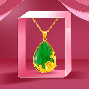 Collana con pendente a forma di fiore di giada imitazione Bling, regalo di Natale per donna, gioielli placcati in oro reale 24k