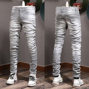 Grå jeans Italien stil för man elastisk bomull denim stor storlek 38