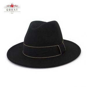 Gorro/crânio tampas qbhat wide brim mulher moda top jazz cap unisex tendência lã fedora chapéu chapau black felt chap