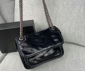 Женские детские сумки Niki Caven Smulled Glossed Leather Sudbag Designer Designer Black Chain Sags Sadcags Ручка кошельки кошельки 25 см.