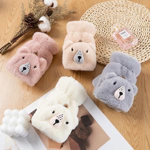 Five Fingers Gloves Cute Dog Cartoon Fur Mittens Winter Women Girl Animal Ear Flip Plush Wrist Half Fingerless Thicken Warm Mitten