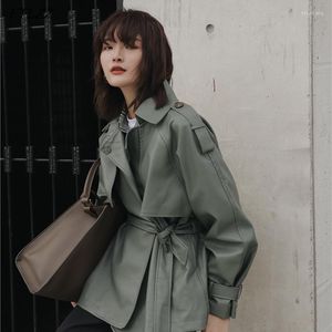 Kvinnors läder Ftlzz Spring Autumn 2022 Kvinnor Casual Lapel Pu jacka Coat Enkelhet Löst med Belt Office Lady