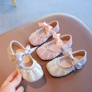 Flache Schuhe mit Schleife, weicher Sohle, Strass für Mädchen, Tanzaufführung, Kinder, Leder, Prewalker, kleine Prinzessin, Einzelschuh, Rosa