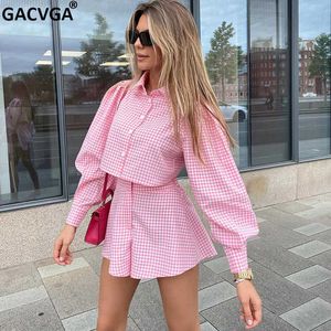 Dwuczęściowe spodnie damskie Gacvga Plaid Culottes Sets Sets Shirt Flar Dopasowanie garnitury Bluzka Długie rękawie Top Stroje Summer Jesień Kobiety Zestaw Dwuczęściowy zestaw T221012