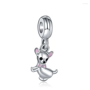 Beads Pink Enamel Ear Bow Cute Chihuahua Pendant Fit Charms Bracelet Women Little Dog For Jewelry Making DIY Bangle Gift