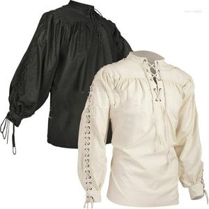 Herrklänningskjortor Mens full långärmad rem Khaki Medieval Renaissance Pirate Costume Lace Up Steam Shirt Men Size 5xl