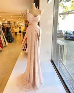 Partykleider Sparkle Blush Pink Prom 2022 Sexy Schlitz One-Shoulder ärmellose Pailletten Meerjungfrau Vestidos de Fiesta Noche Kleid lang