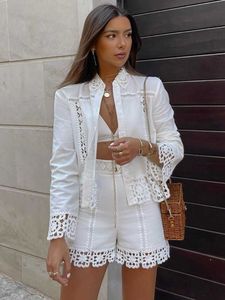 Women's Two Piece Pants Boho Vintage Openwork Crochet Detail Cotton White Shorts Sets Shirt Tops And High Waist Shorts Two Piece Set Women Clothing 2022 T221012