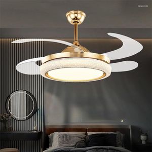 Fan Lamp Restaurant Invisible Blade Home Living Room Bedroom LED Golden Ceiling With Remote Control 42/48 Inch