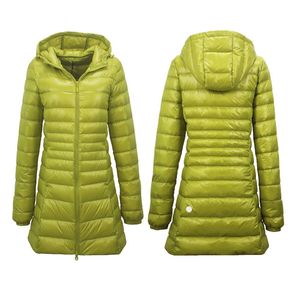 Jaqueta LL com capuz Pack It Down longa para ioga mangas compridas jaqueta fina para baixo cor sólida puffer casaco esportivo roupas de inverno