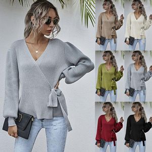 Women's T Shirts Cross Tube Top Sweater Women's 2022 Autumn And Winter Clothing Casual V-neck Waist-Controlled Lace-up