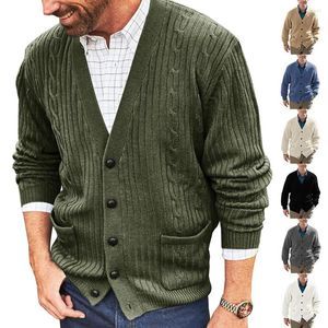 Męskie swetry jesień męski swobodny sweter sweter v szyja guziki męski stały kolor vintage pullover moda wielokolorowa mężczyźni